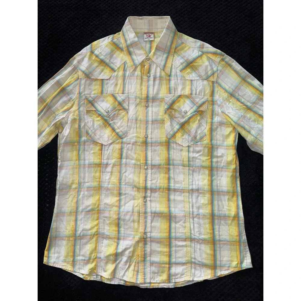 True Religion Men's Shirt Green Plaid Western Pearl Snap‎ Size 2XL